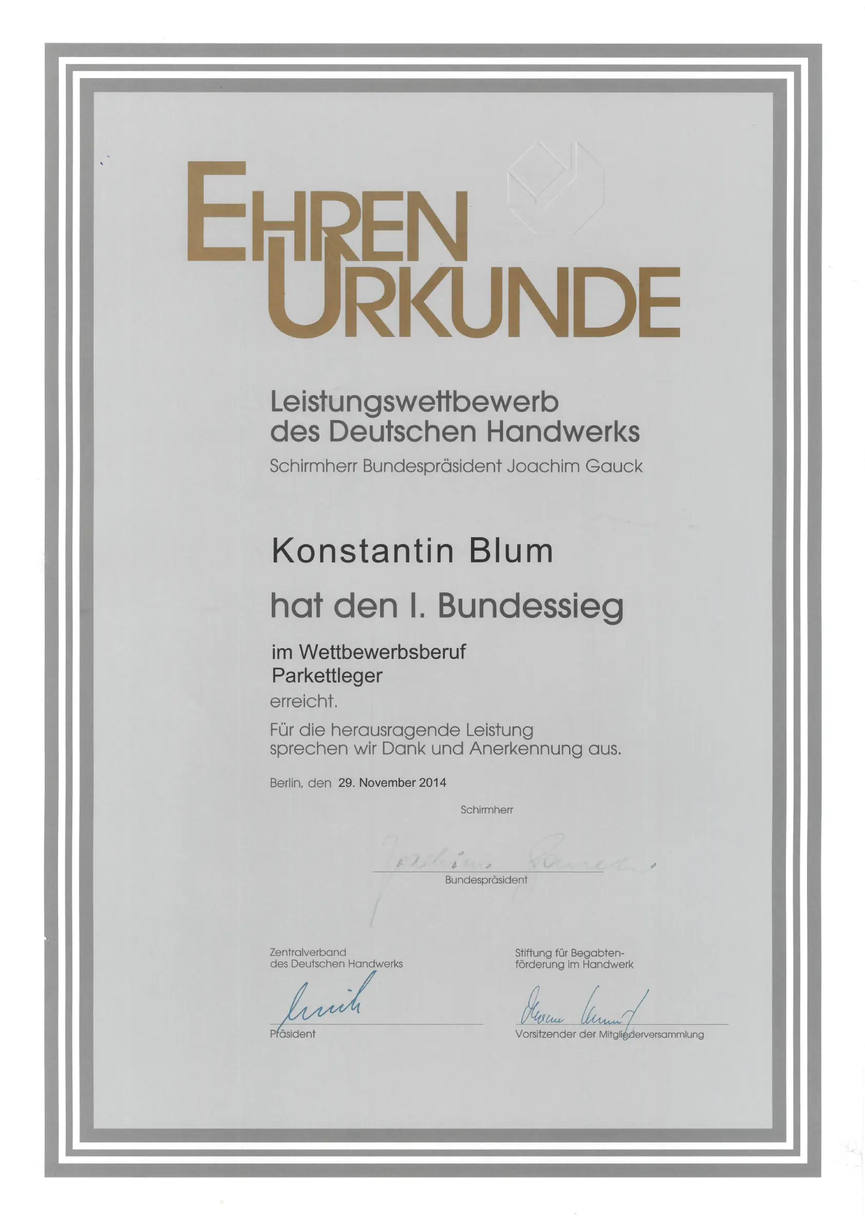 Ehrenurkunde 1. Bundessieg