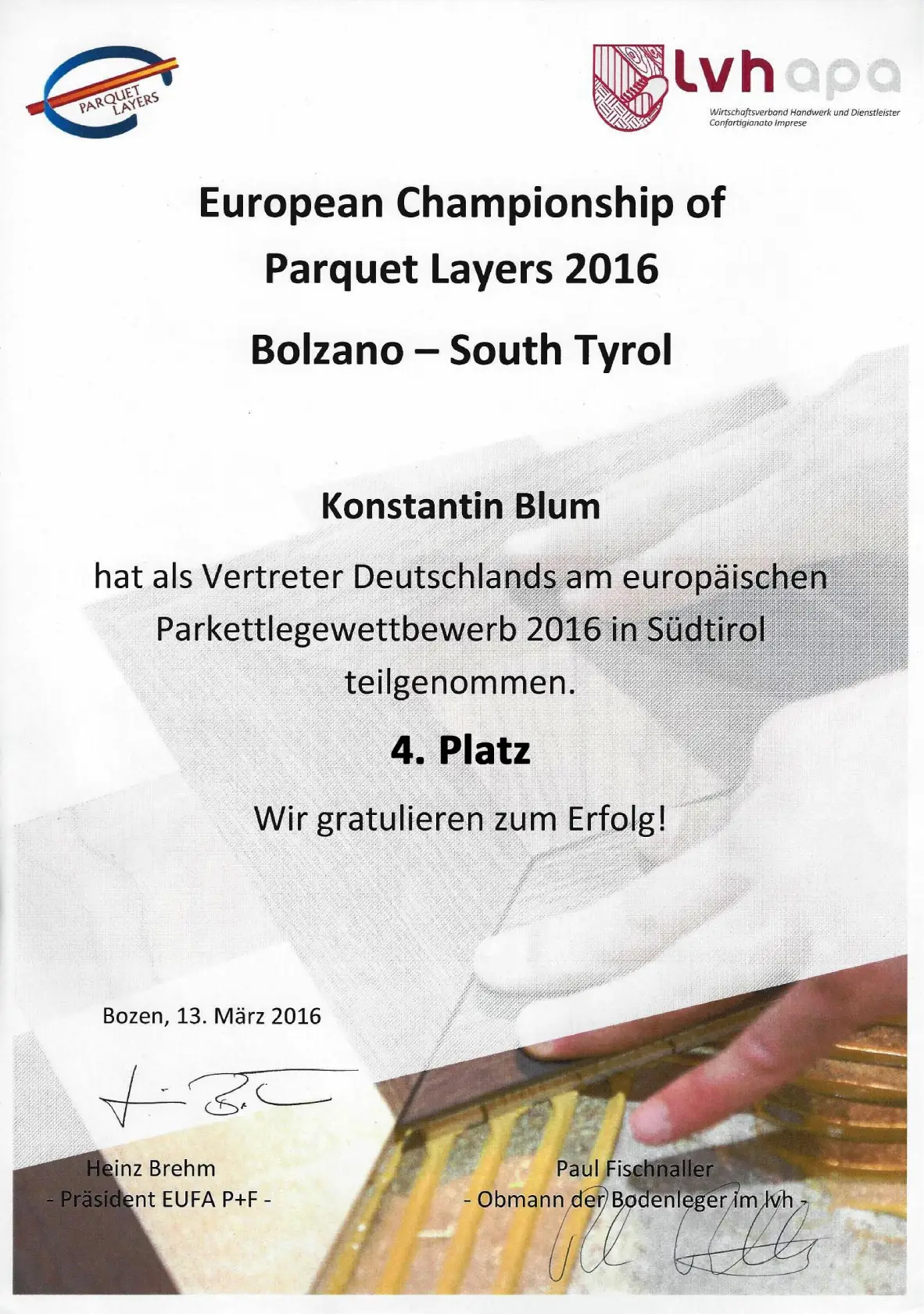 Urkunde Europameisterschaft 2016 Bozen 4. Platz